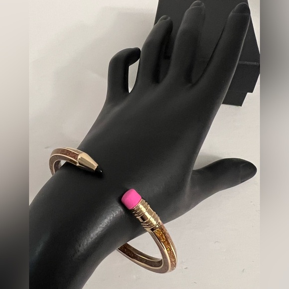 New BETSEY Johnson Gold Glitter Pencil Hinged Cuff Bracelet Back To School - Picture 6 of 16